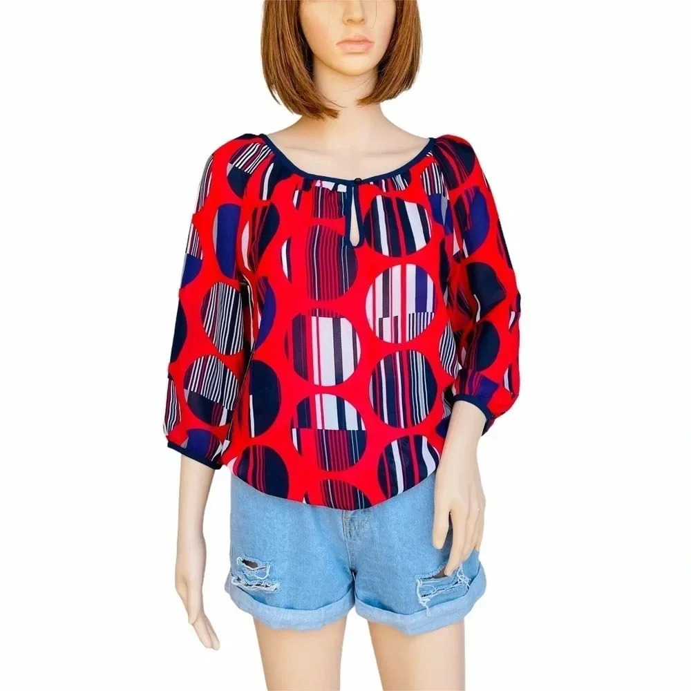 BANANA REPUBLIC Size XS Blue Red Keyhole Blouse